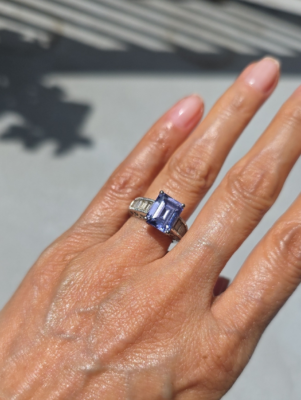 Tacori Platinum Ring with Light Blue Violet Emerald-Cut Center Stone